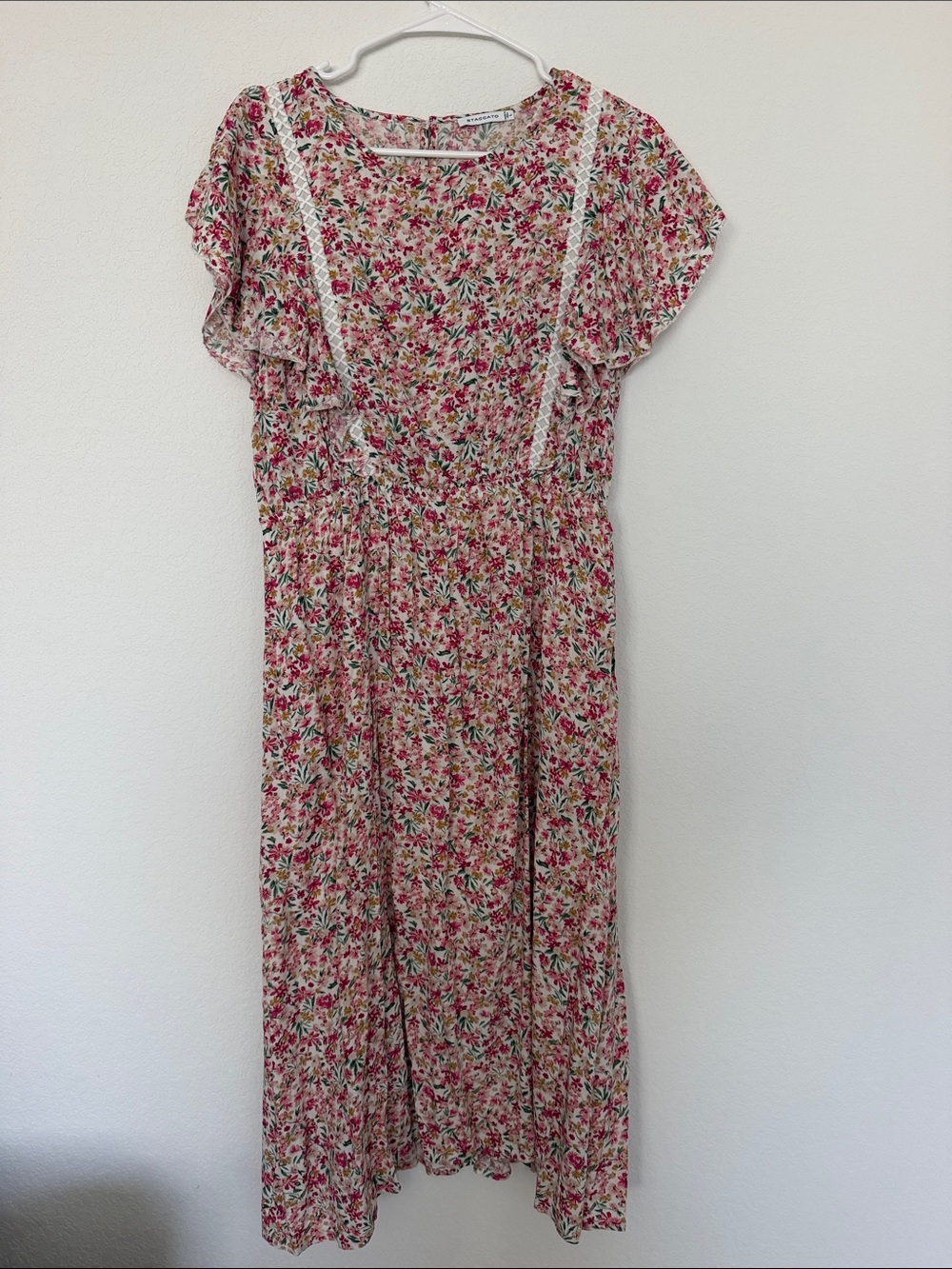 Staccato Pink Floral Midi Dress with Lace Trim